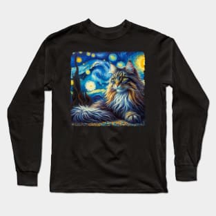 Norwegian Forest Starry Night Inspired - Artistic Cat Long Sleeve T-Shirt